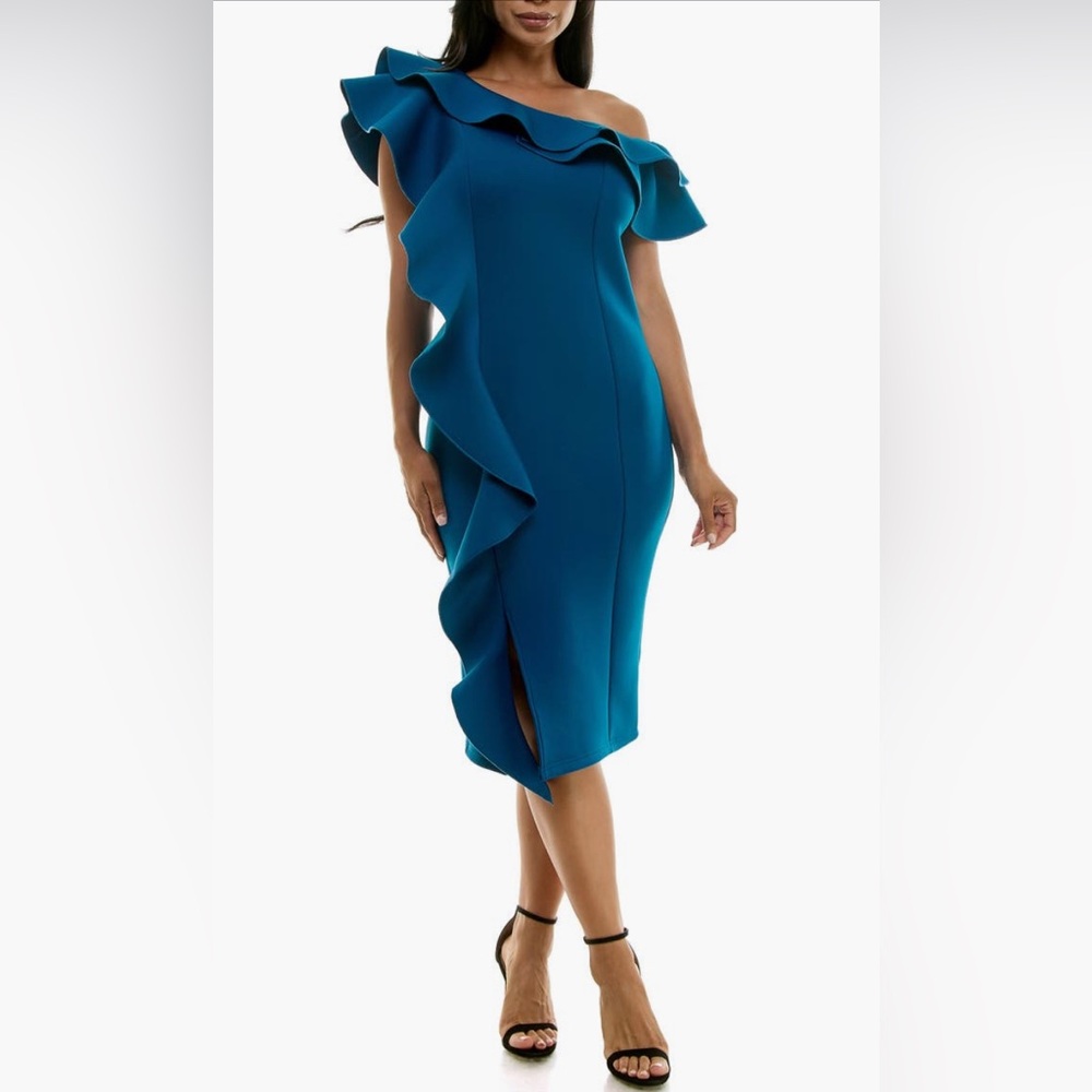 NWT Nina Leonard Ruffle One-Shoulder Scuba
Knit Sheath Dress
